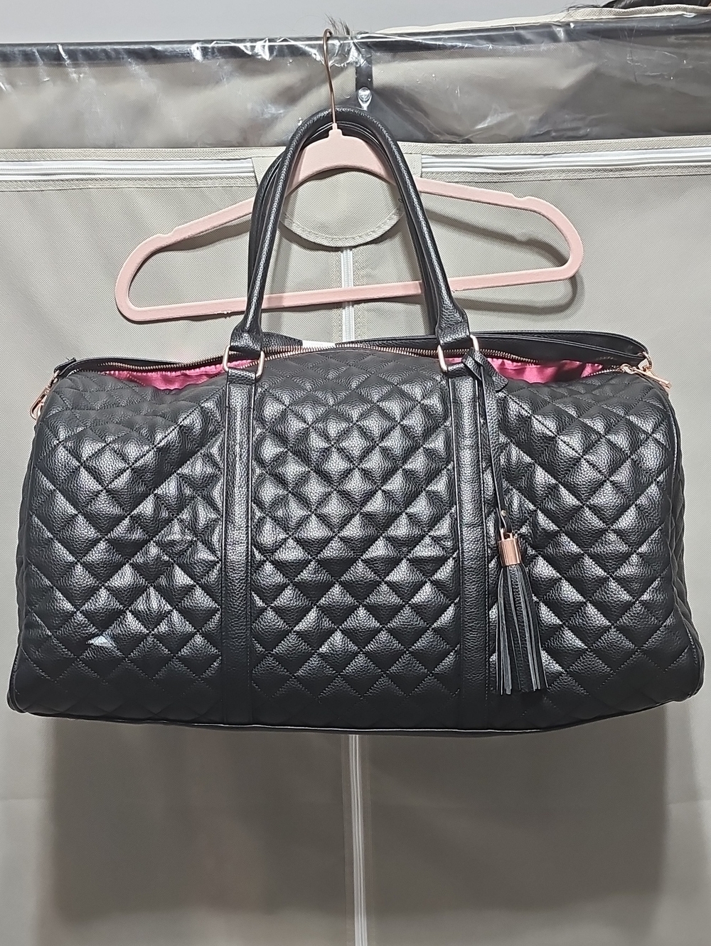 Ms. Lovely Quilted Black Travel Duffel with Tassel Accent